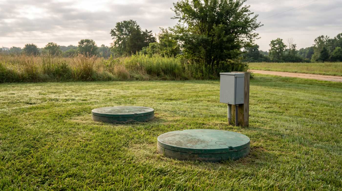 Compact aerobic treatment unit lids and control panel beside a rural home's lawn