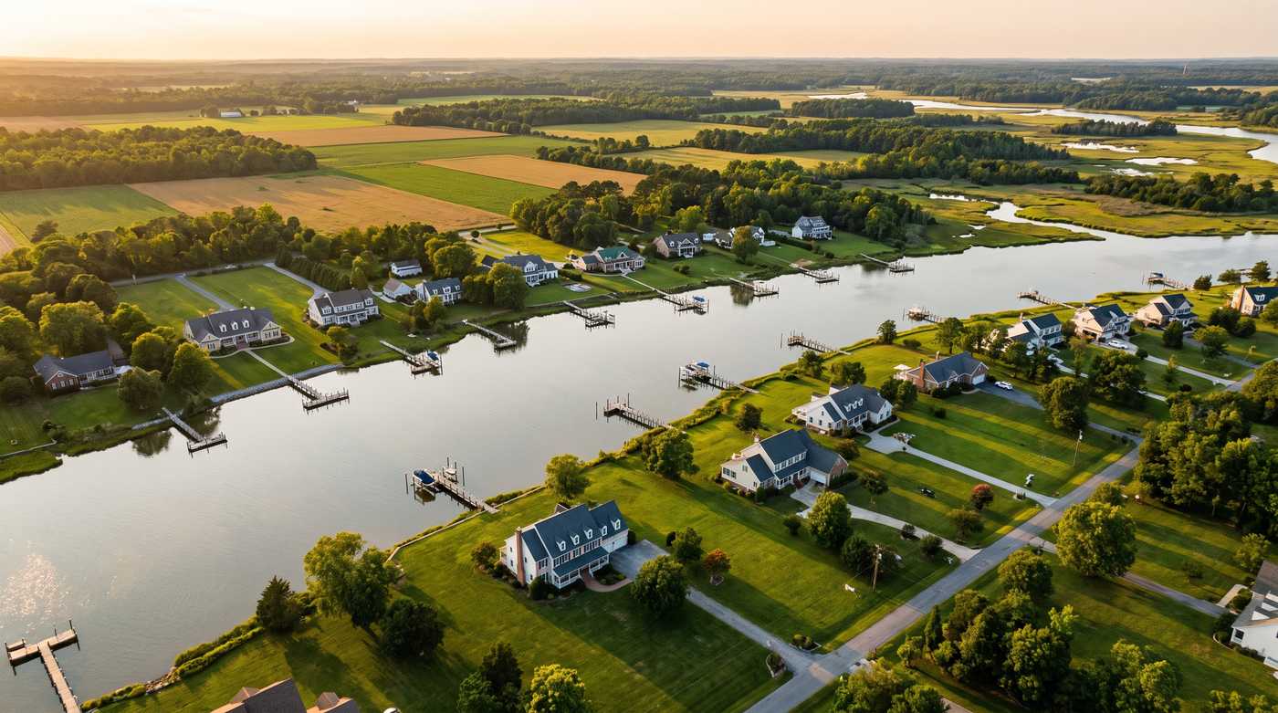Aerial view of Eastern Shore waterfront homes on large lots along a winding tidal creek