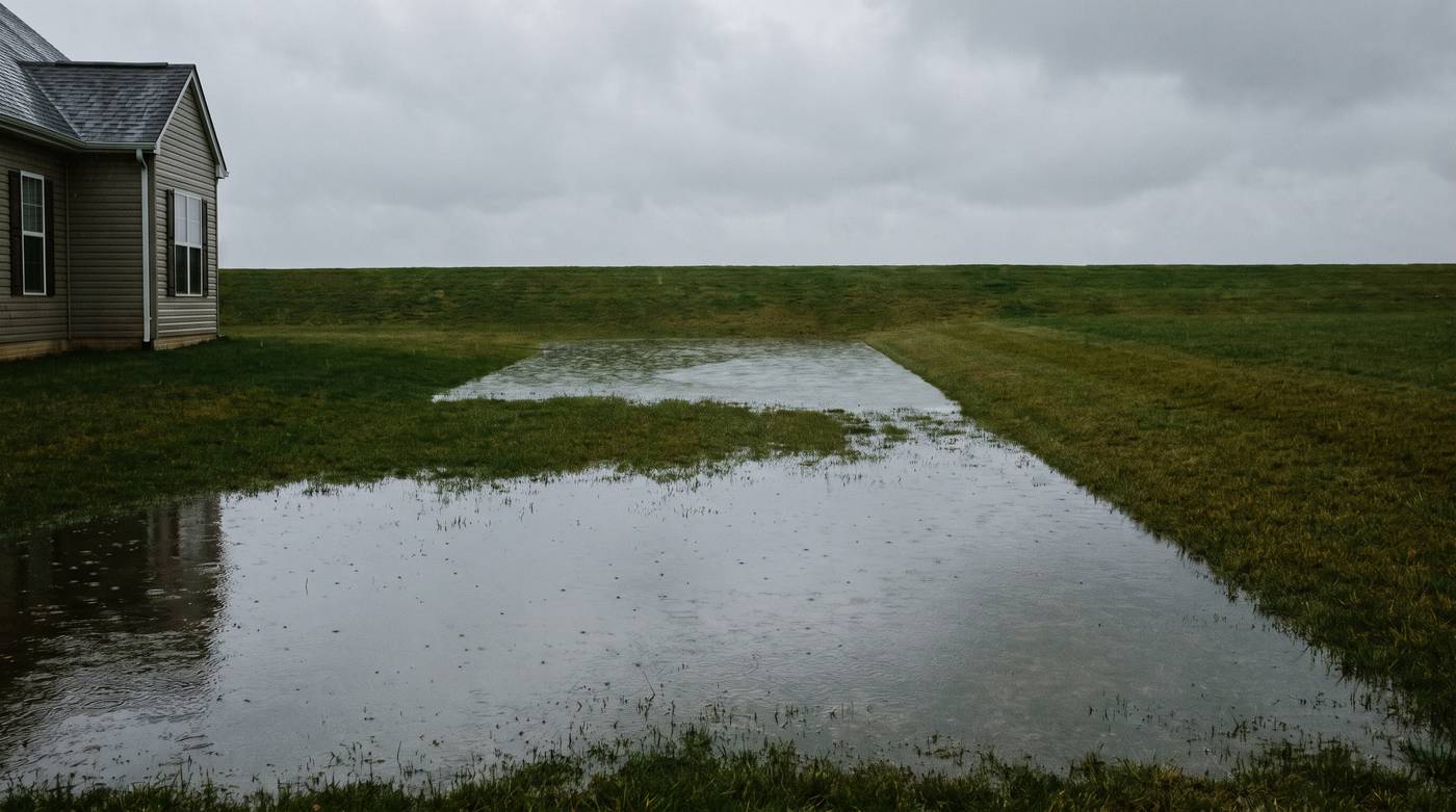 Saturated lawn with standing water over a residential drain field after rain