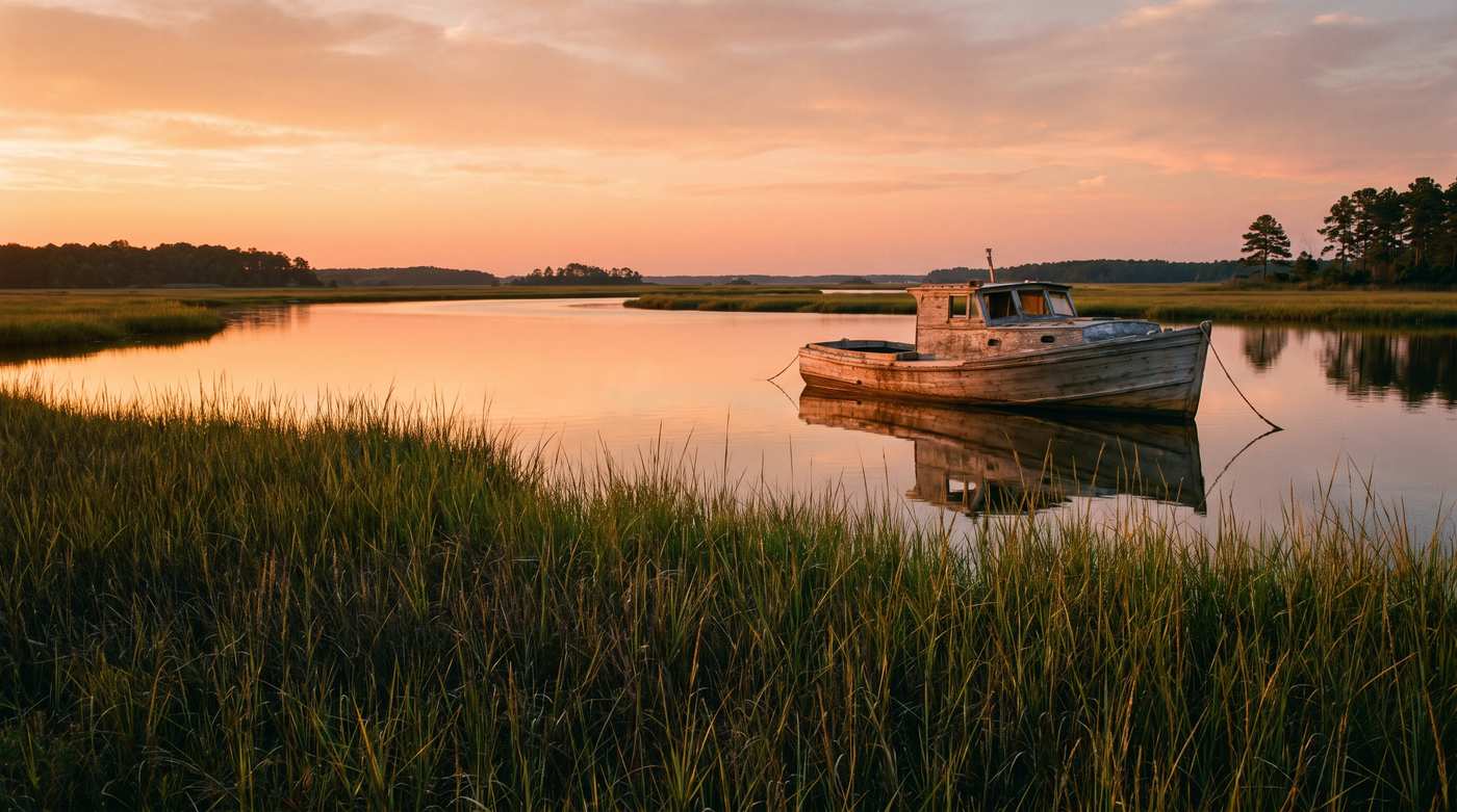 Quiet tidal creek at golden hour with marsh bank and moored workboat