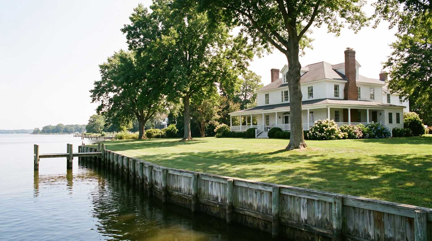 Stately waterfront home lawn running down to a tidal creek bulkhead at midday