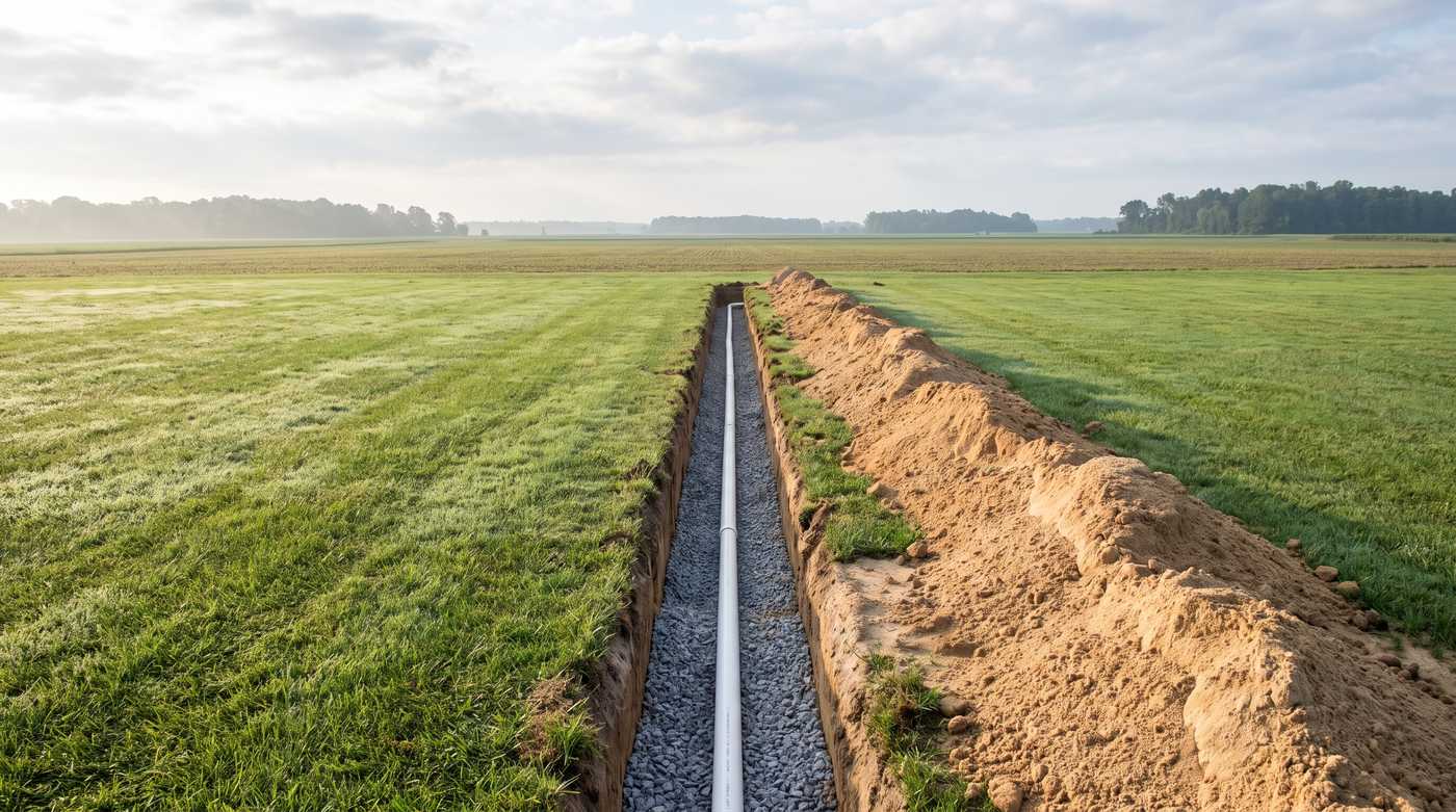 Open septic trench with new PVC pipe on a gravel bed crossing a rural Eastern Shore lawn