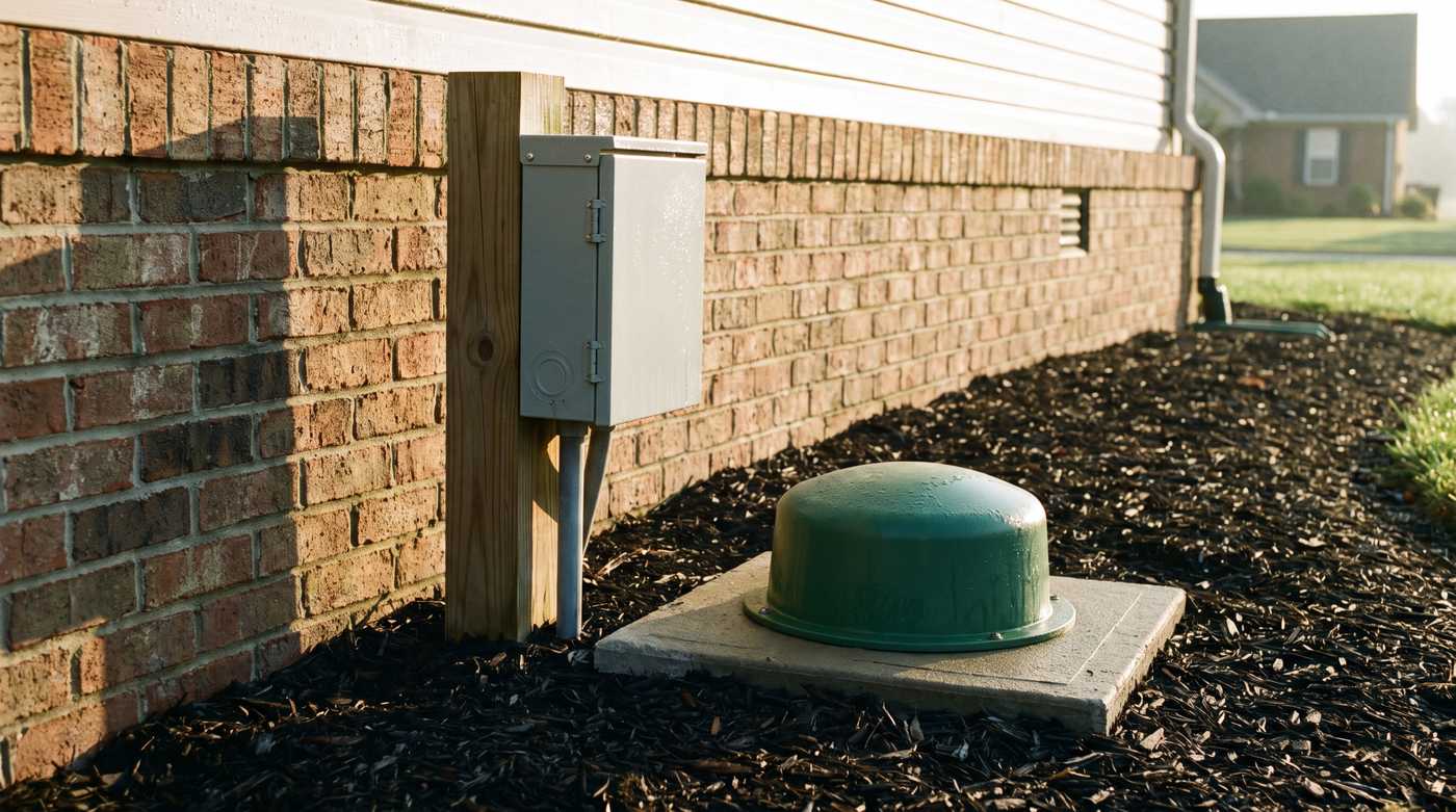 BAT control panel and blower housing beside a home's foundation with tools laid out