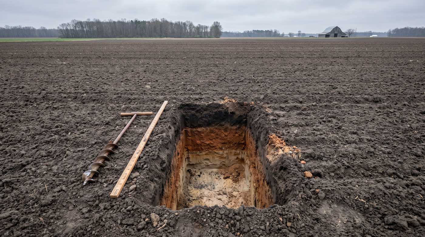 Fresh soil test pit in sandy loam with an auger and measuring rod beside it
