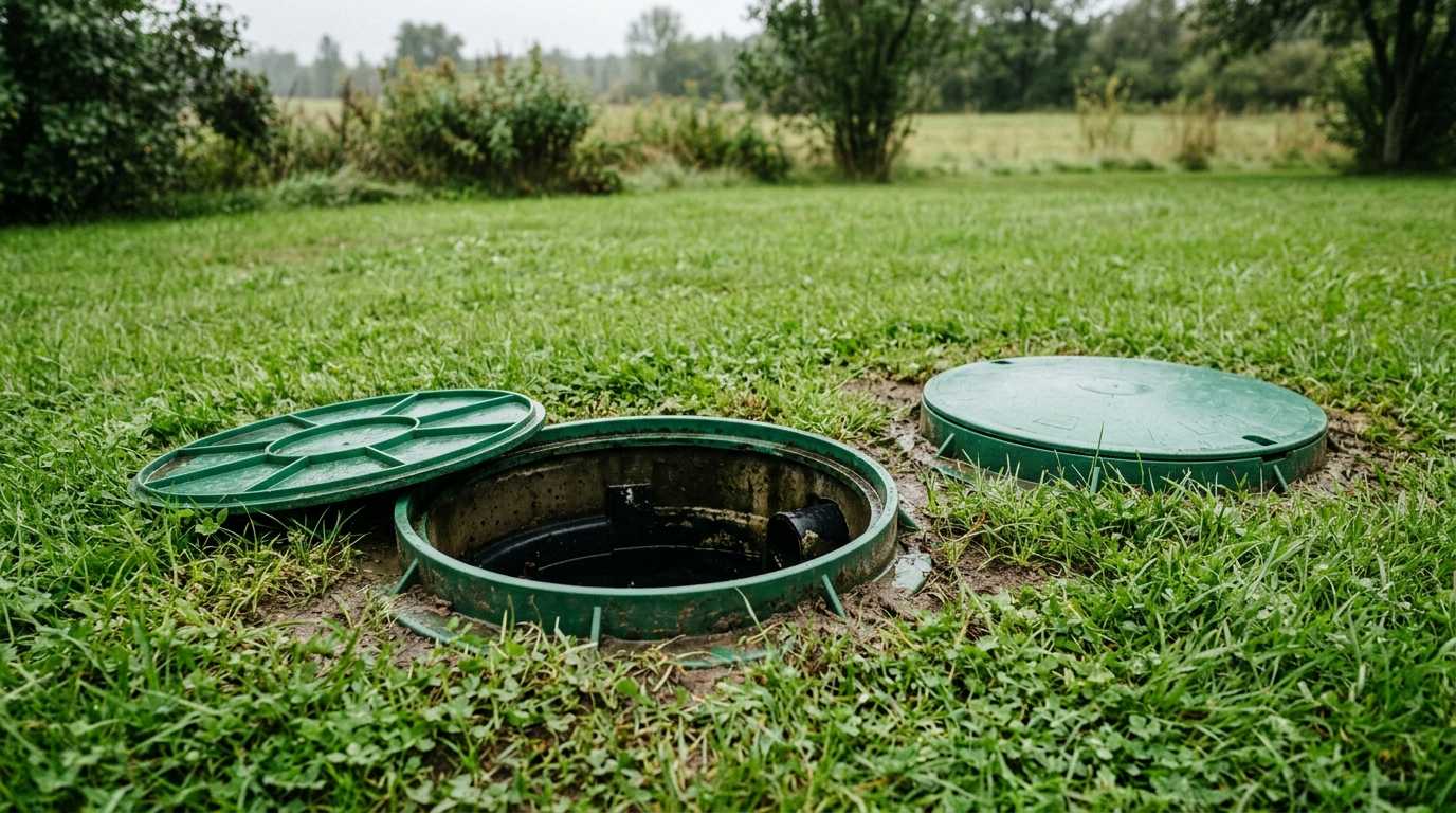 Two green septic tank riser lids set flush in a lawn with one lid lifted off